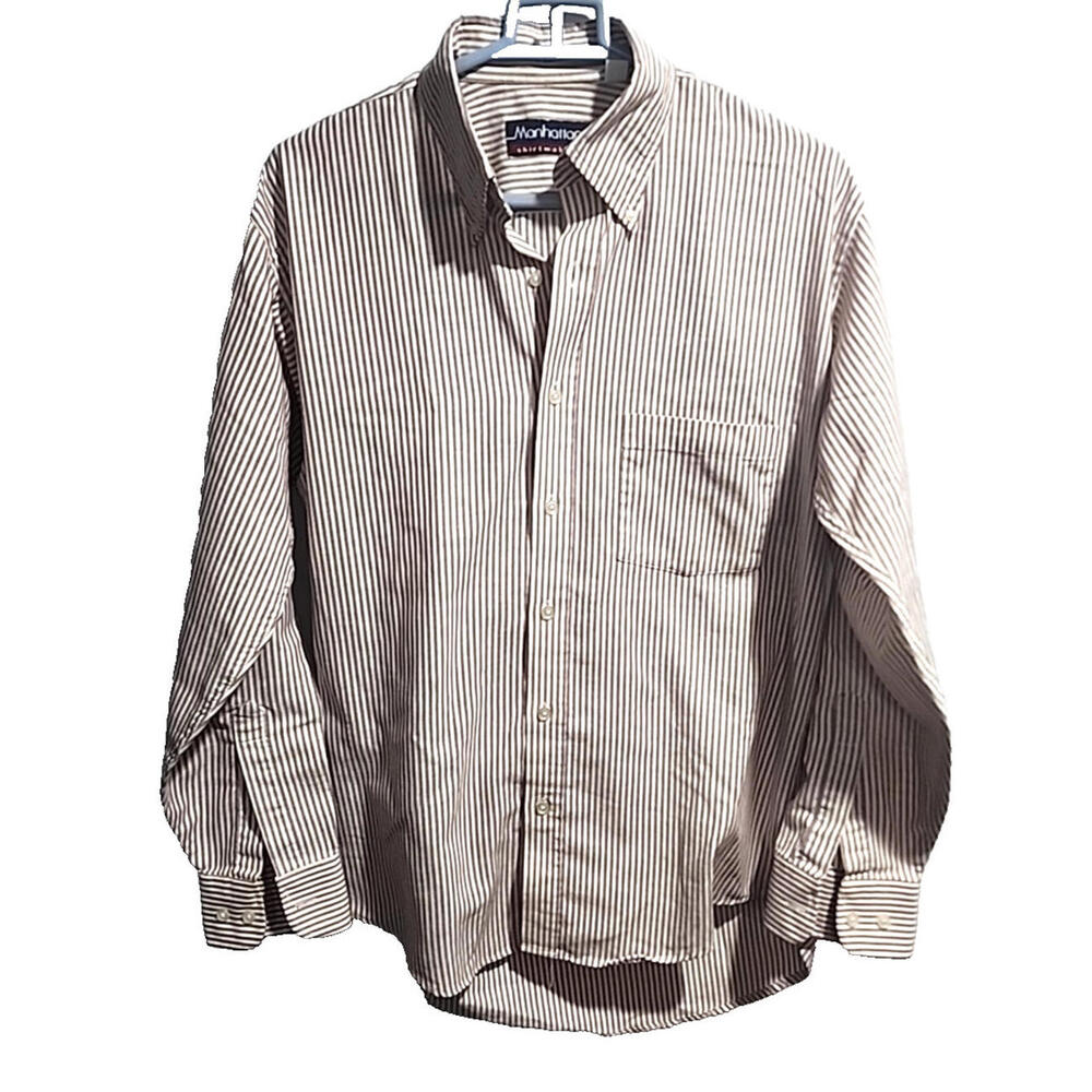 Manhattan Dress Shirt White Reddish Brown Striped Button Up Collar 15.5 32/33